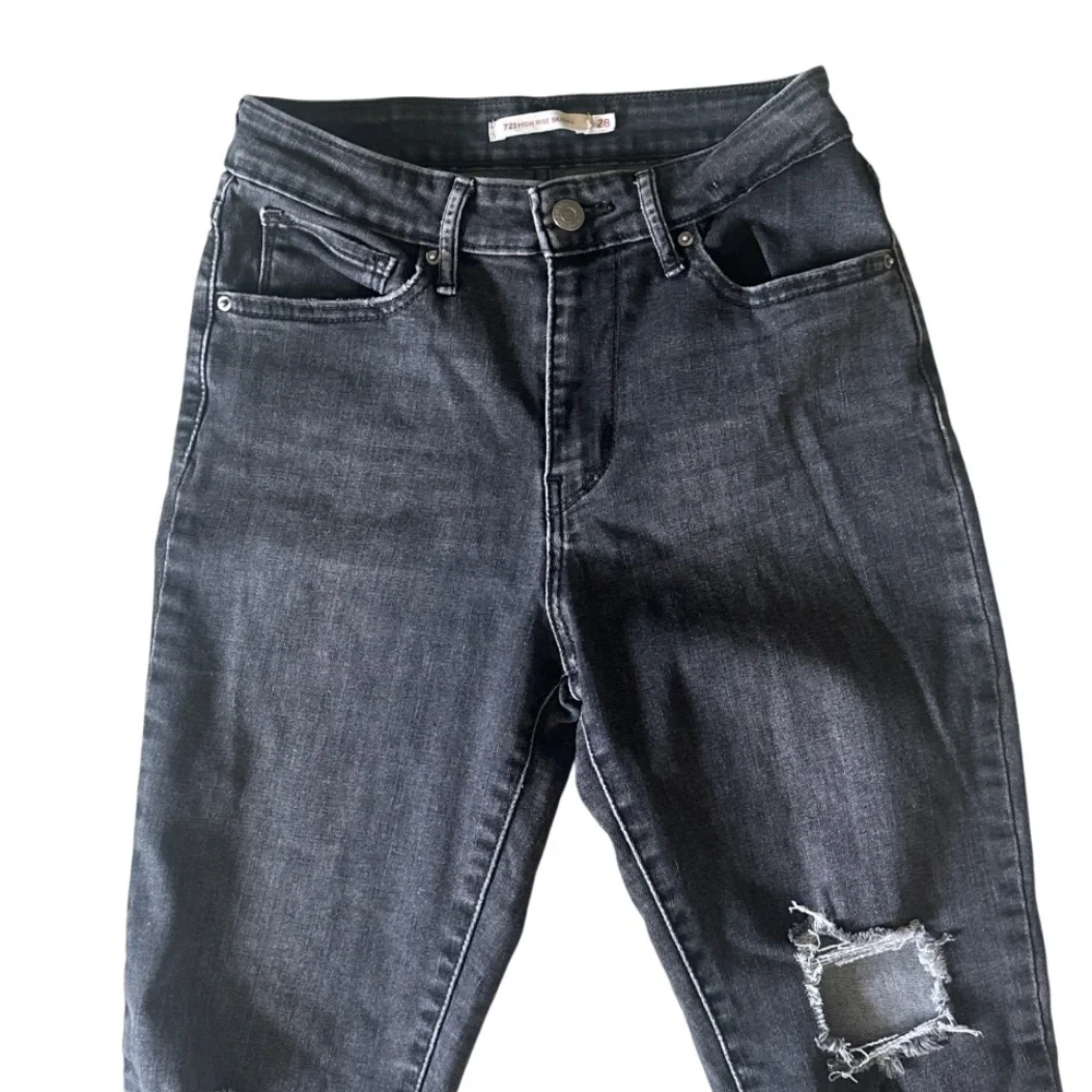 Levi’s 721 High Rise Skinny Jeans Sz 28 Black Distressed Raw Hem Grunge Y2K - Picture 3 of 9